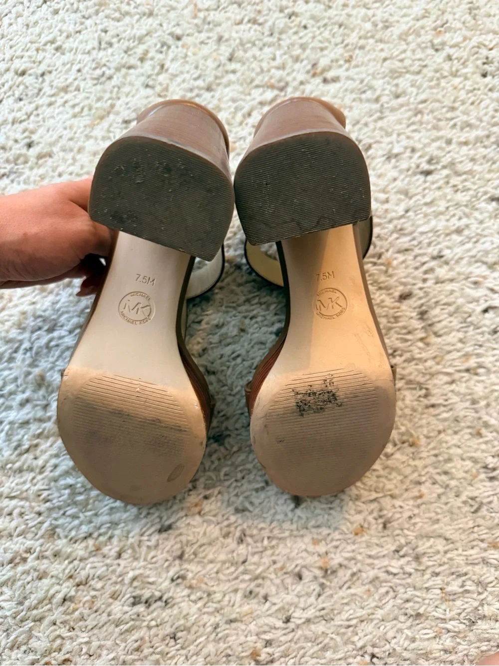 Michael Kors Brown T-Strap Block Heel Sandals with Gold Zipper